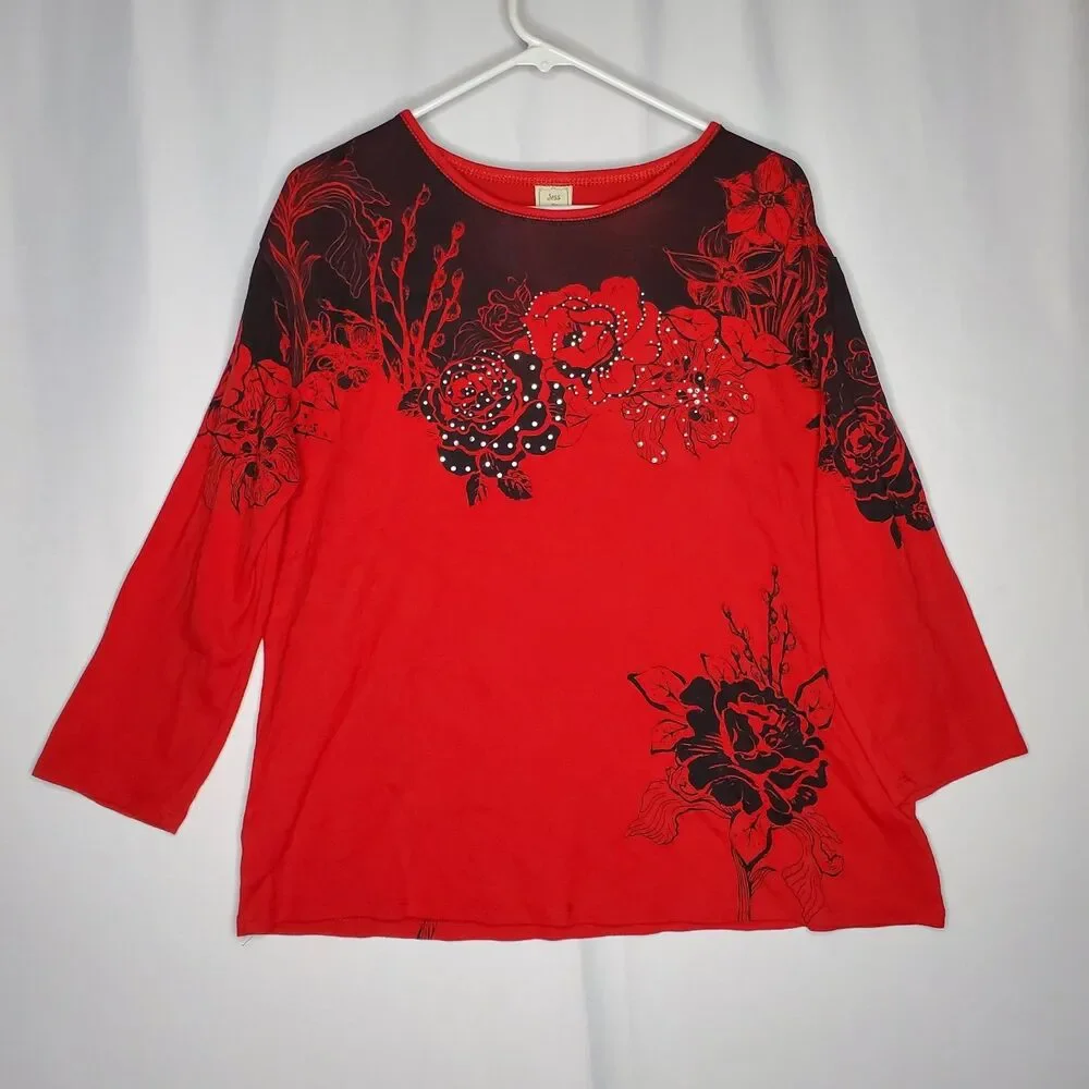 Jess & Jane T-Shirt Womens 1X Red Black Roses Cotton Sequin Y2K Witchy Goth‎